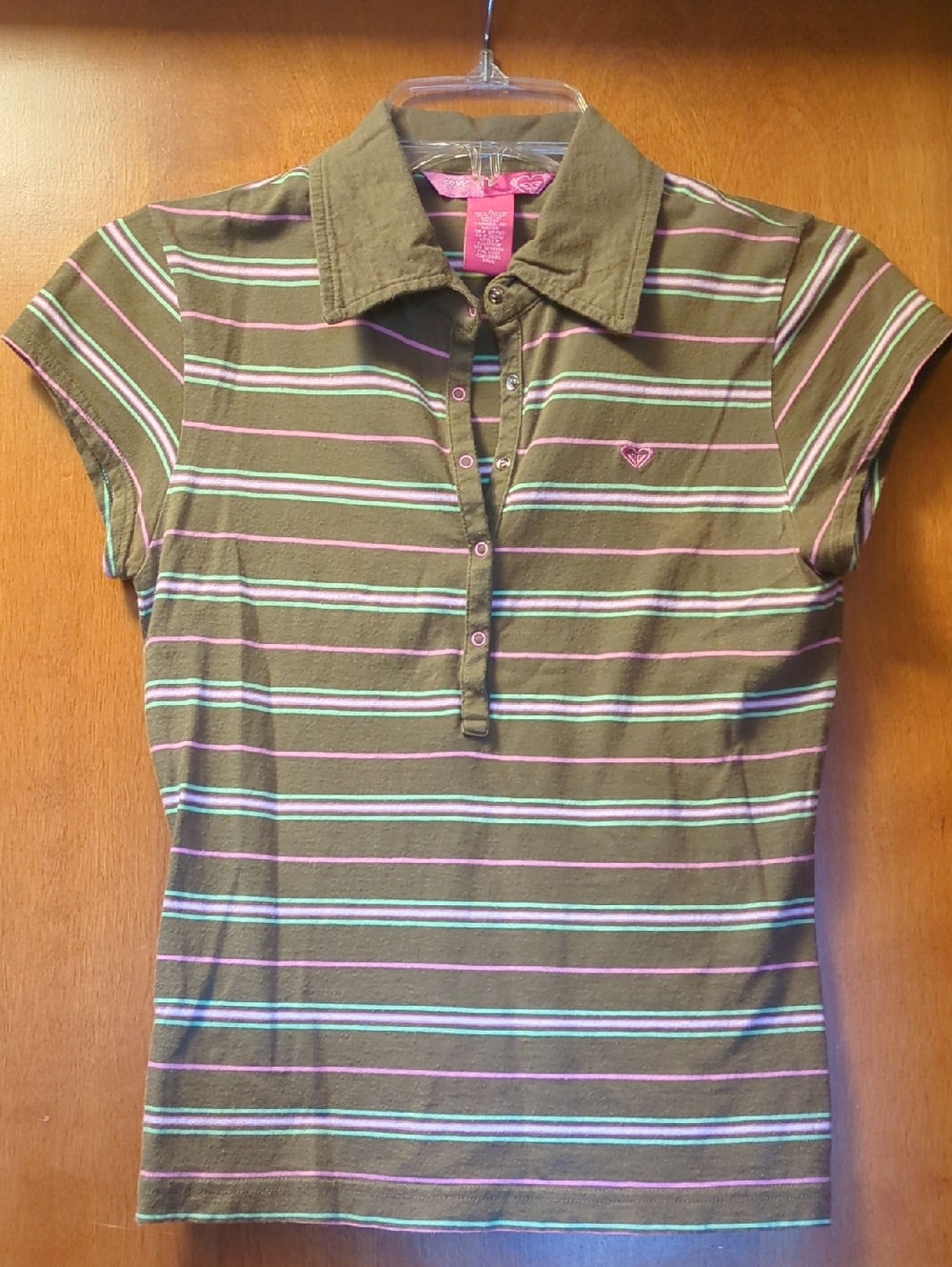 Roxy Olive Green Striped Polo Tee with Pink Accent